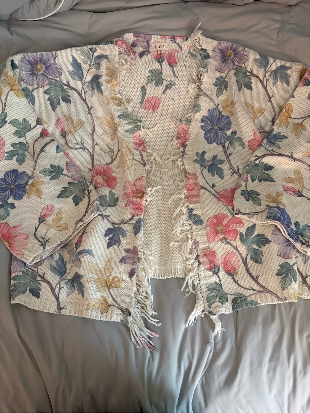 POL Open Front Floral Knit Fringe Cardigan Large Flowers Coquette Girl Feminine